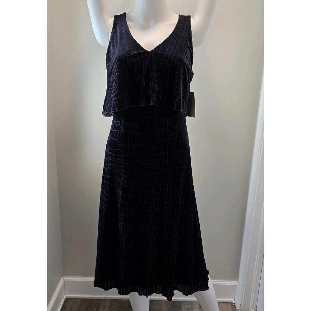 Halston Velvet Midi Dress Black  Texture Layered top V-Back Halloween NWT Size 4